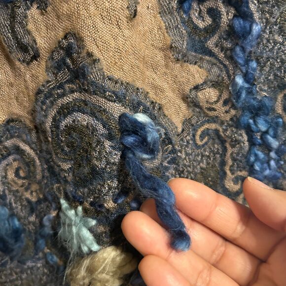 Soft Surroundings Wool Blend Kimono Poncho Wrap O/S Blue Embroidered Yarn Artsy - Picture 9 of 9